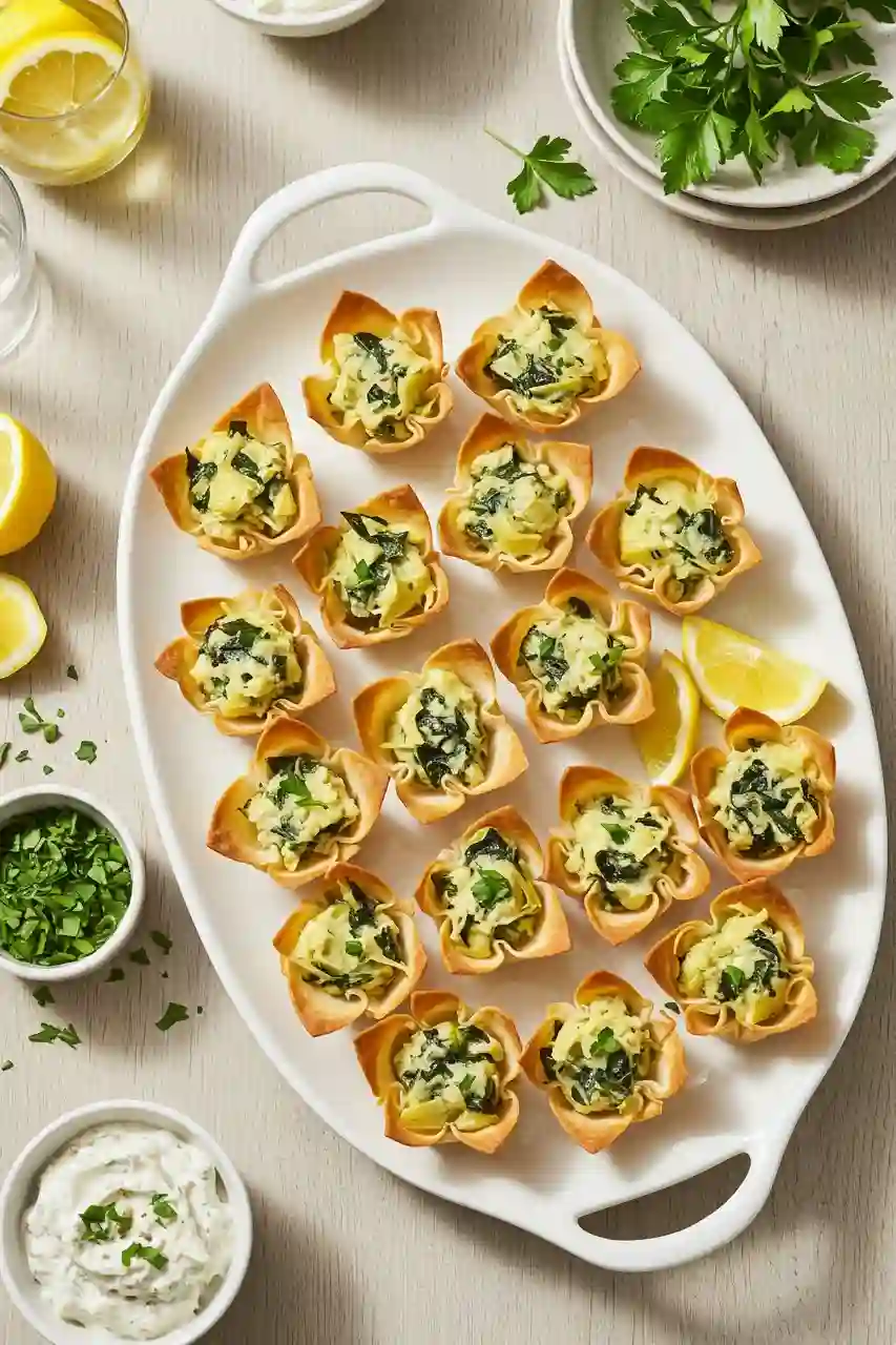 spinach-artichoke-wonton-cups-party-platter Platter of spinach and artichoke wonton cups with lemon wedges and garnish for serving.