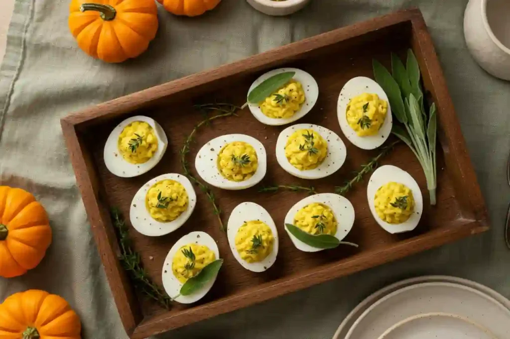 Thanksgiving deviled eggs on a rustic tray with fall herbs and pumpkins