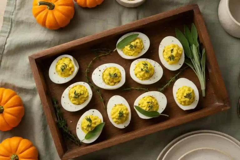 Thanksgiving deviled eggs on a rustic tray with fall herbs and pumpkins