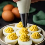 Thanksgiving deviled eggs served on a ceramic platter with herbs and holiday decor