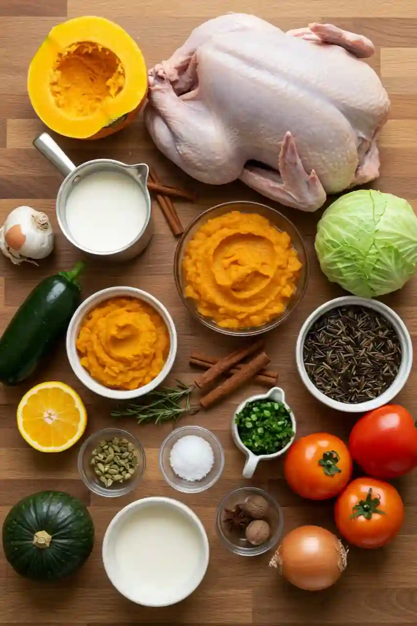 thanksgiving-recipe-ingredients-flatlay ingredients for unique Thanksgiving recipes including raw turkey, pumpkin, cream, spices, and vegetables