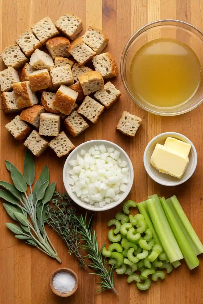 Ingredients for Grandma’s Stuffing Flatlay of bread cubes, celery, onion, butter, broth, and herbs for stuffing