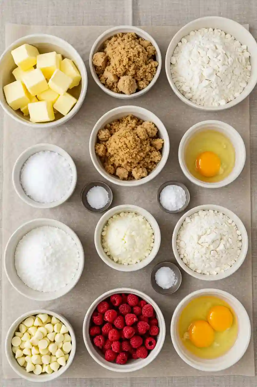 white-chocolate-raspberry-cookies-ingredients Measured ingredients for white chocolate raspberry cookies in bowls, including butter, sugar, flour, eggs, raspberries, and white chocolate chips.