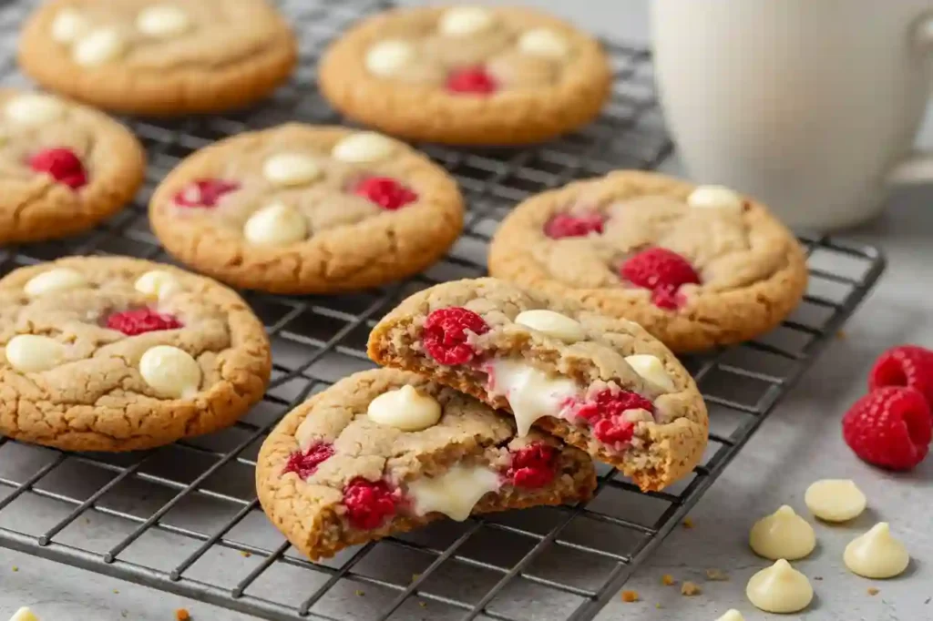 Stack of white chocolate raspberry cookies with gooey centers and fresh raspberries.
