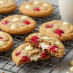 Stack of white chocolate raspberry cookies with gooey centers and fresh raspberries.
