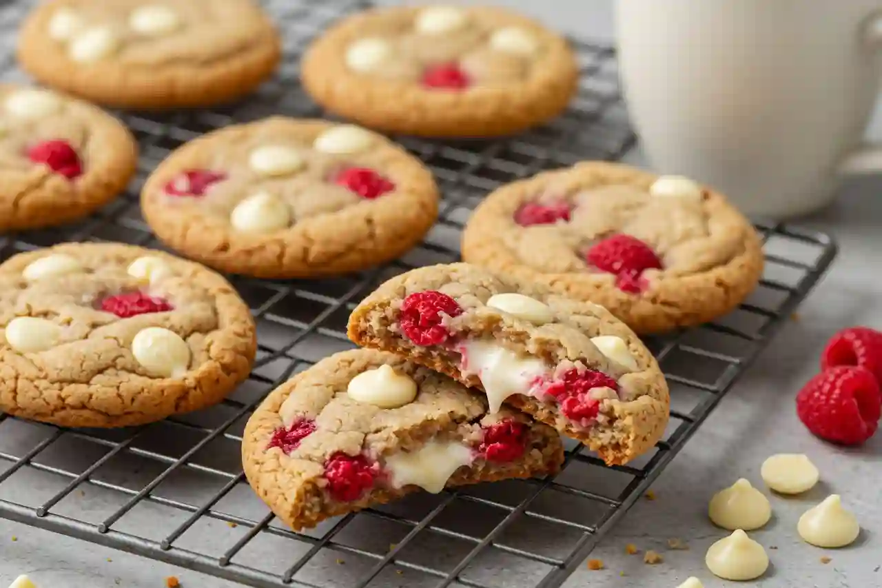 Stack of white chocolate raspberry cookies with gooey centers and fresh raspberries.