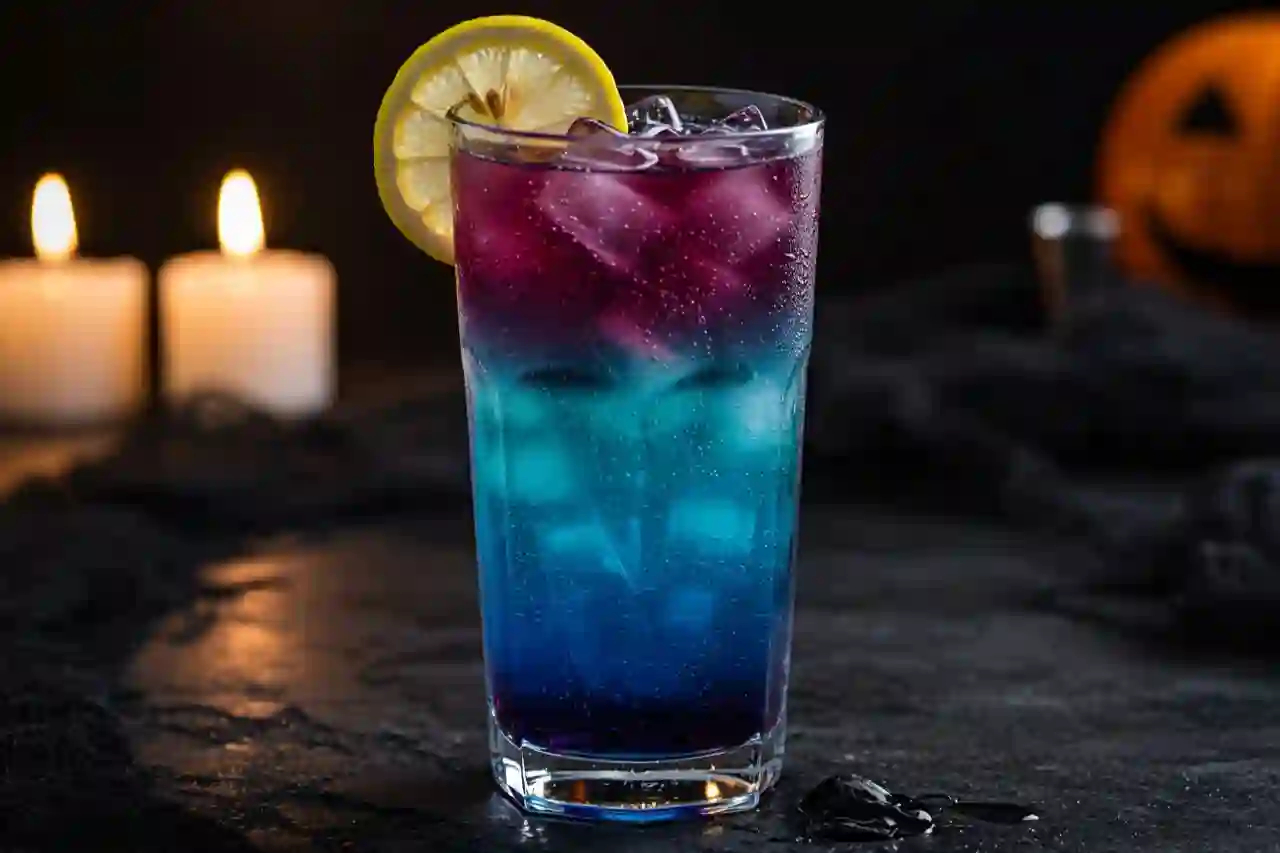 Witch’s Brew Cocktail with ombre purple and blue layers for Halloween