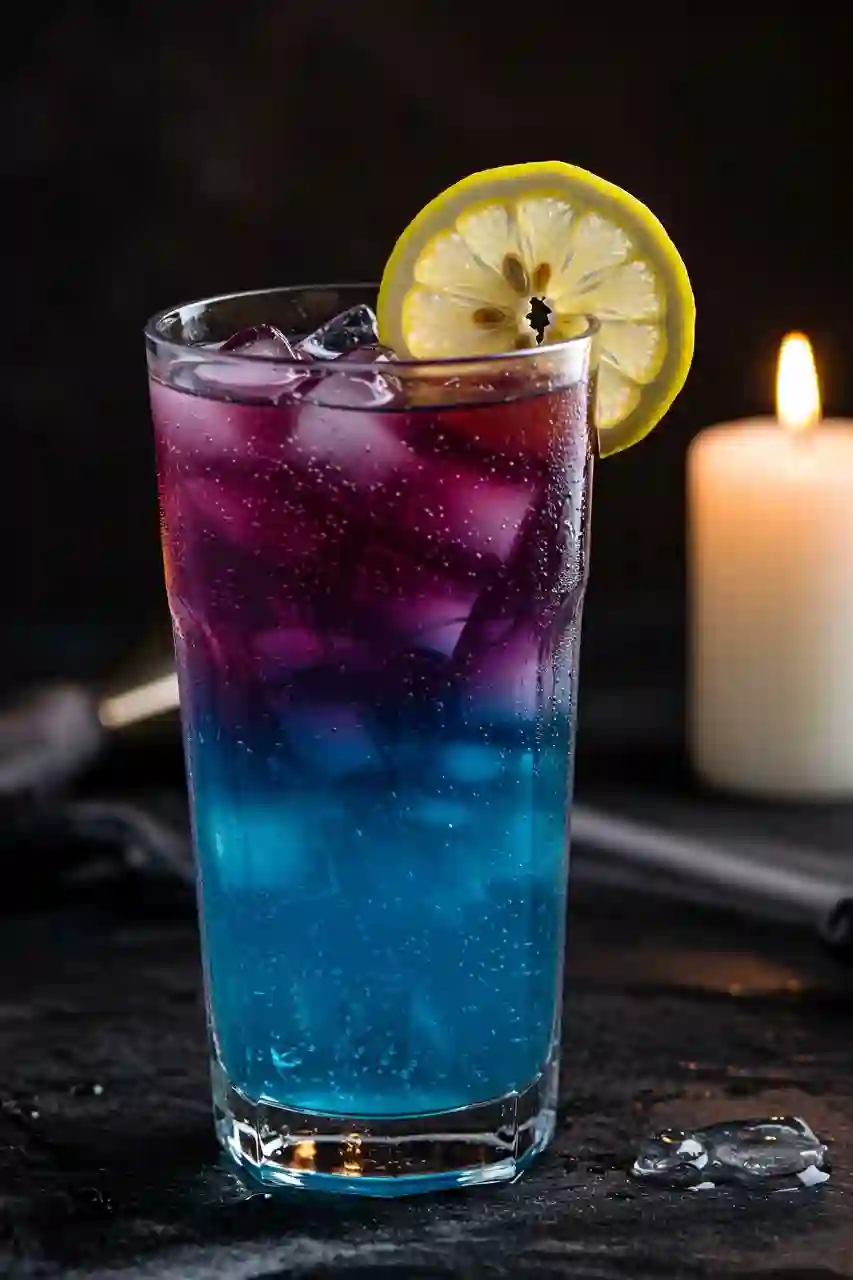 witchs-brew-cocktail-serving Three Witch’s Brew Cocktails with ombre purple and blue layers