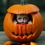 Zombie baby doll being inserted into pumpkin during carving.