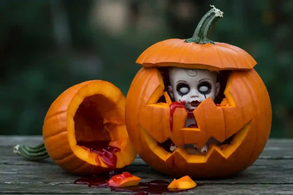Finished zombie baby pumpkin carving styled with pumpkin guts.