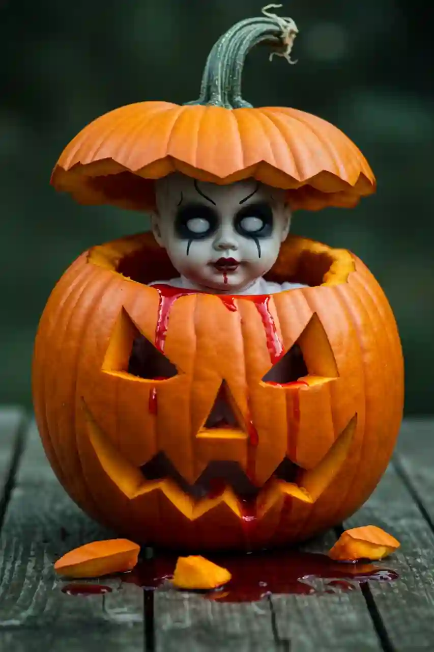 Zombie Baby Pumpkin Carving Party Halloween party display with zombie baby pumpkin carvings.