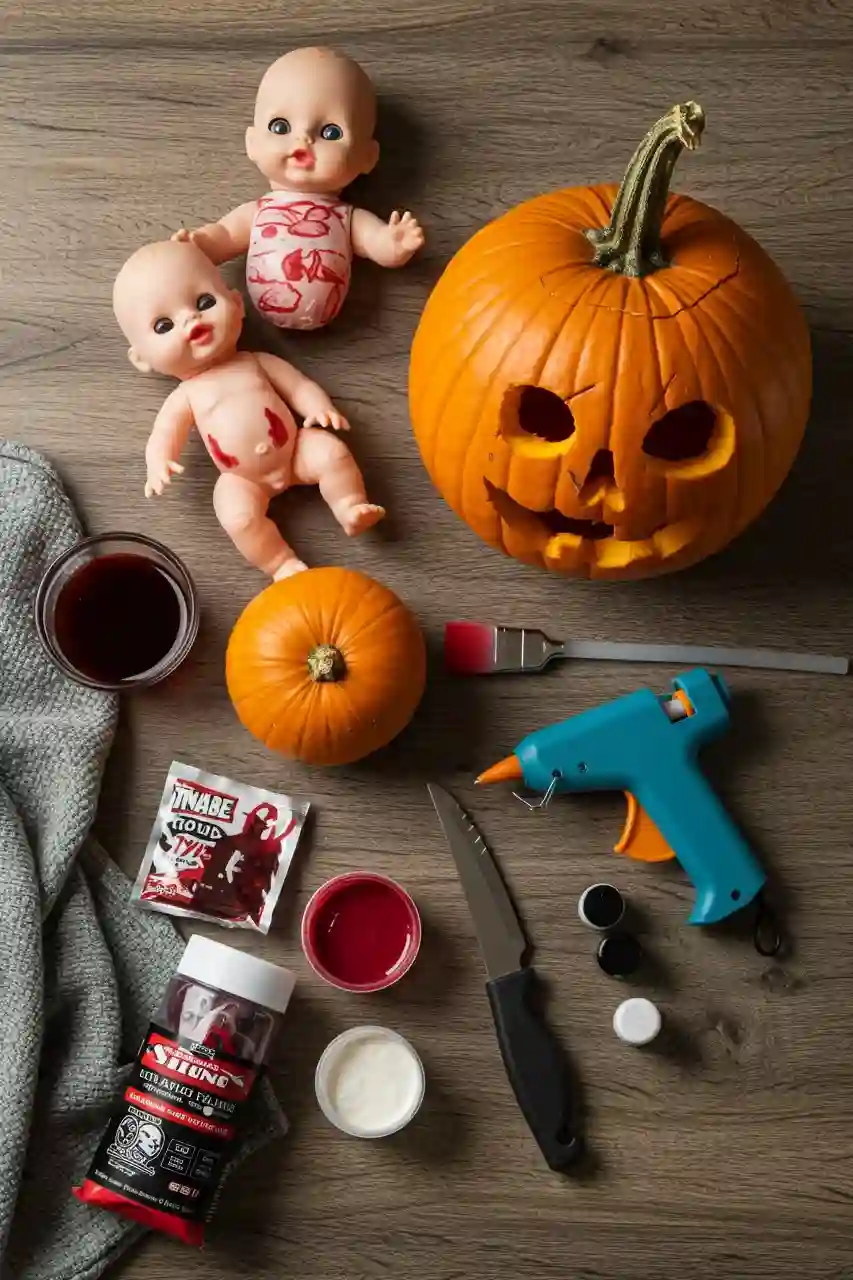 Zombie Baby Pumpkin Carving Supplies Supplies and tools for making a zombie baby pumpkin carving.