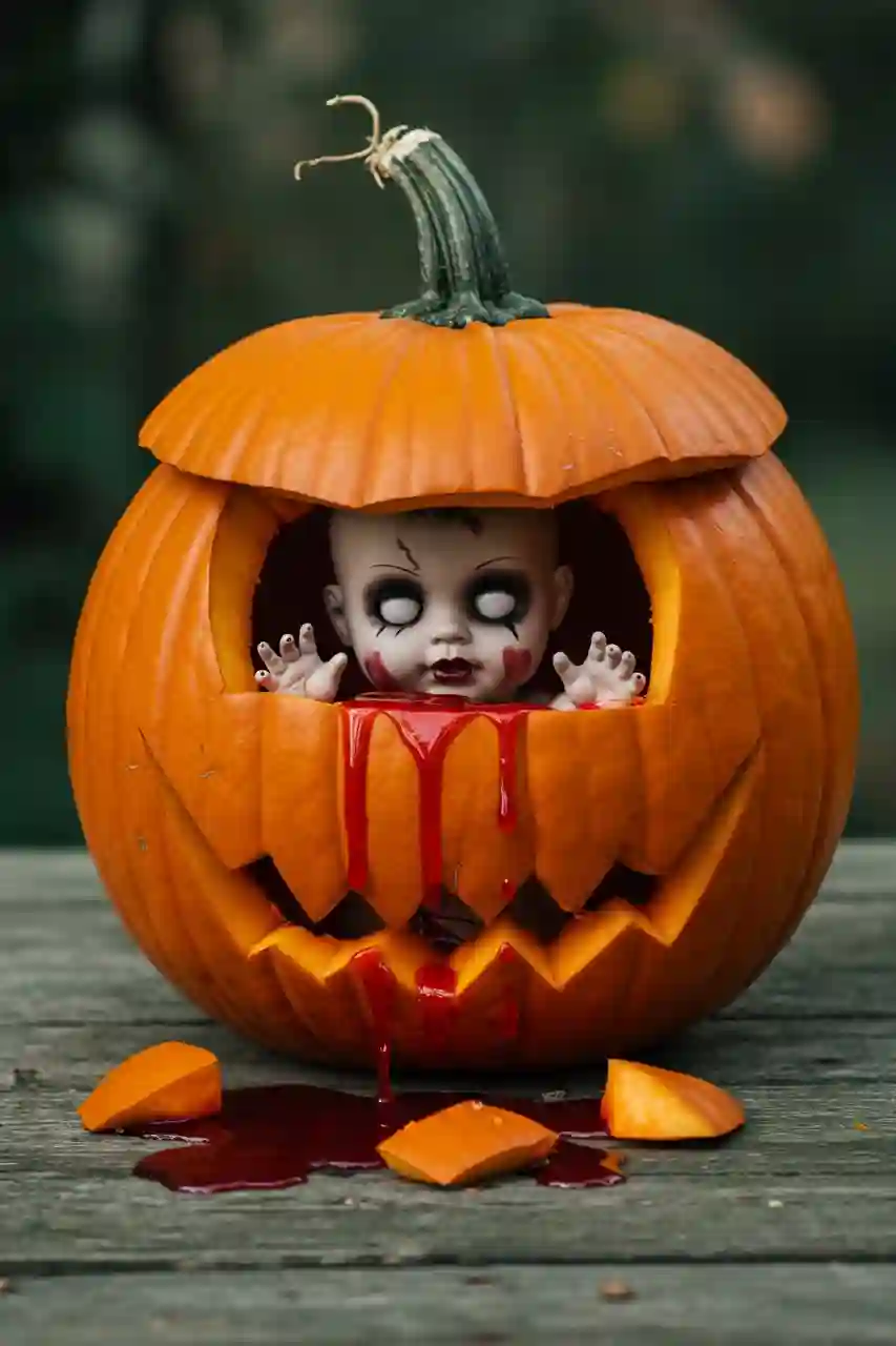 Zombie Baby Pumpkin Carving Step Zombie baby doll being inserted into pumpkin during carving.