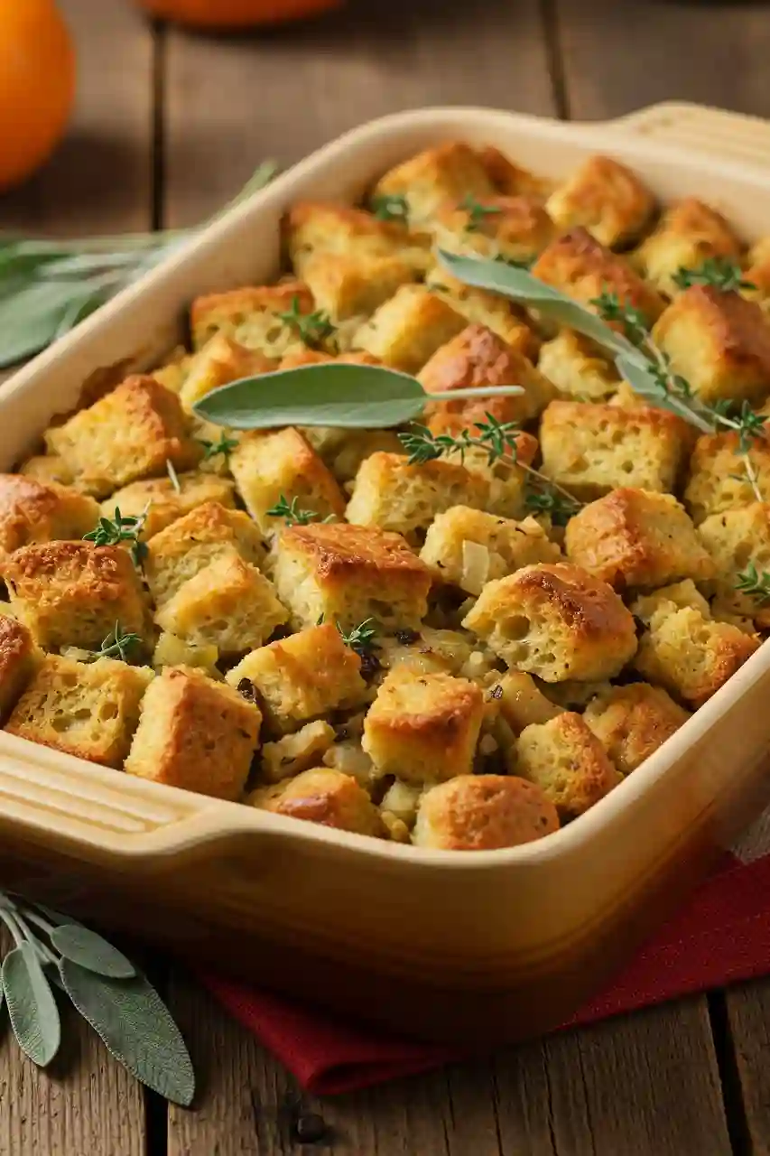 1- Grandma’s Thanksgiving Stuffing Recipe – Classic Holiday Side Traditional bread stuffing baked with herbs and butter – Thanksgiving stuffing recipes