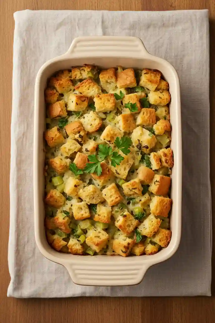 4- Classic Butter Herb Stuffing – Easy Holiday Side Golden butter herb stuffing baked with parsley, sage, and thyme – Thanksgiving stuffing recipes