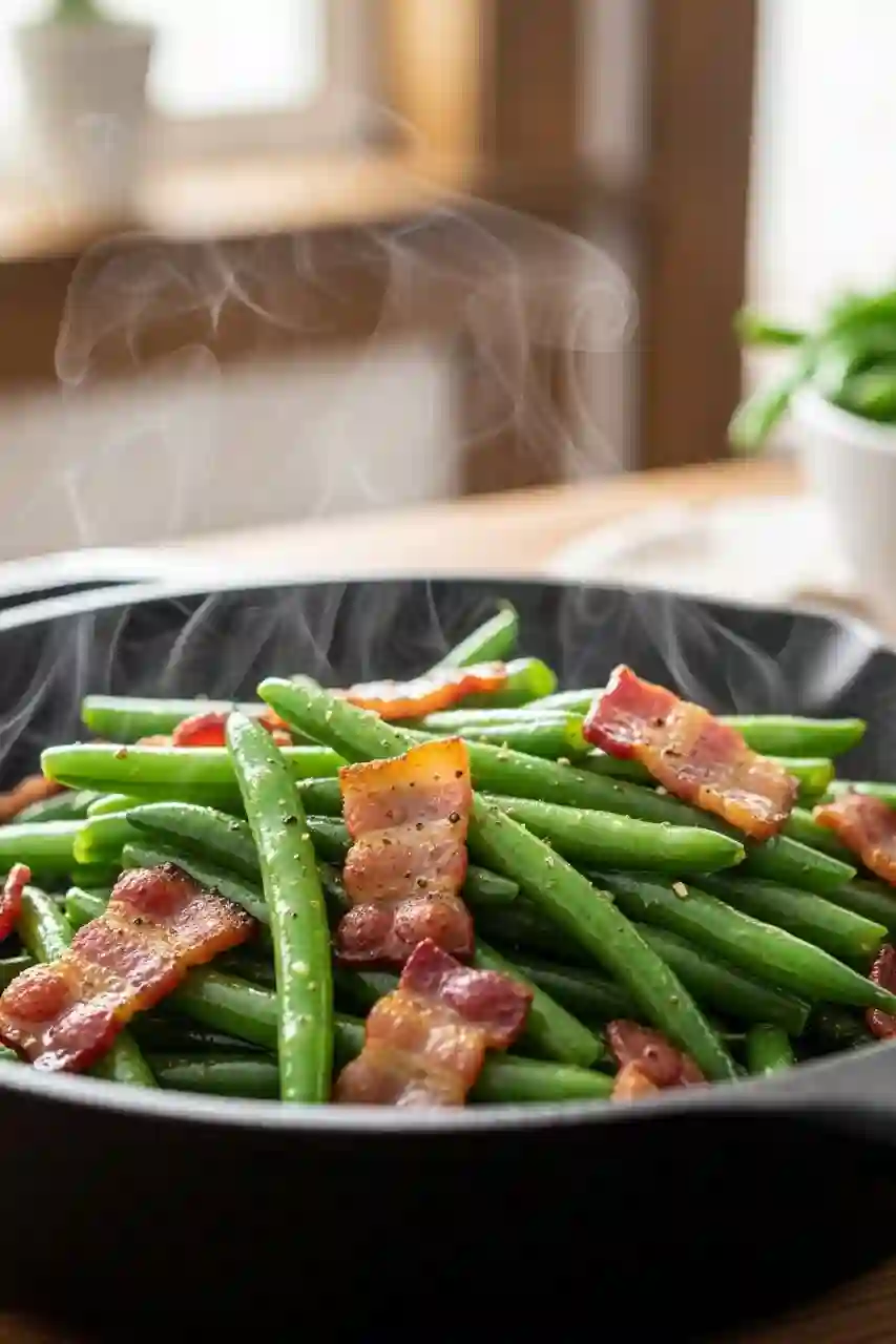 Bacon and Green Beans – Classic Southern Flavor Fresh green beans sautéed with crispy bacon in a cast iron skillet, glistening with buttery seasoning.