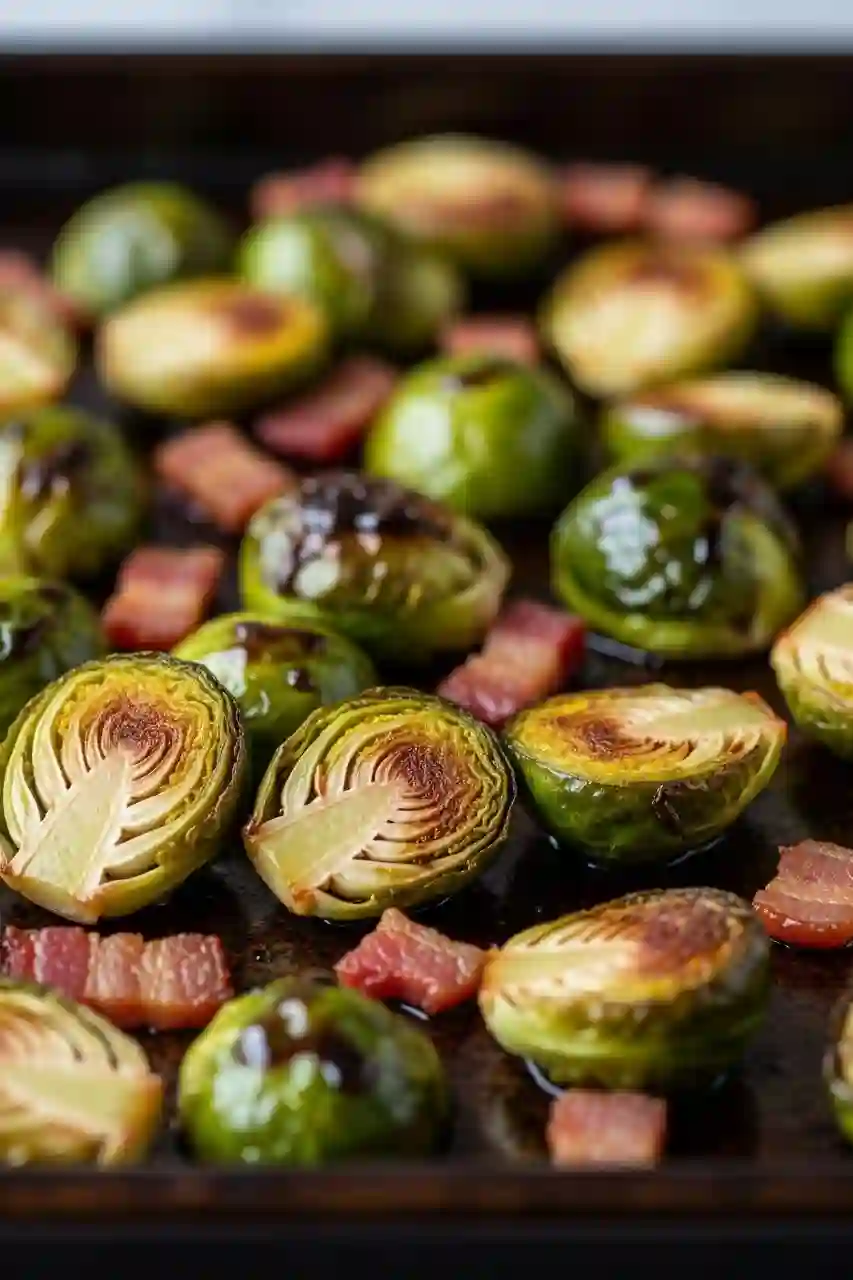 Brussels Sprouts with Bacon – Crispy & Savory Goodness Golden roasted Brussels sprouts with crispy bacon pieces and a balsamic glaze on a baking sheet.
