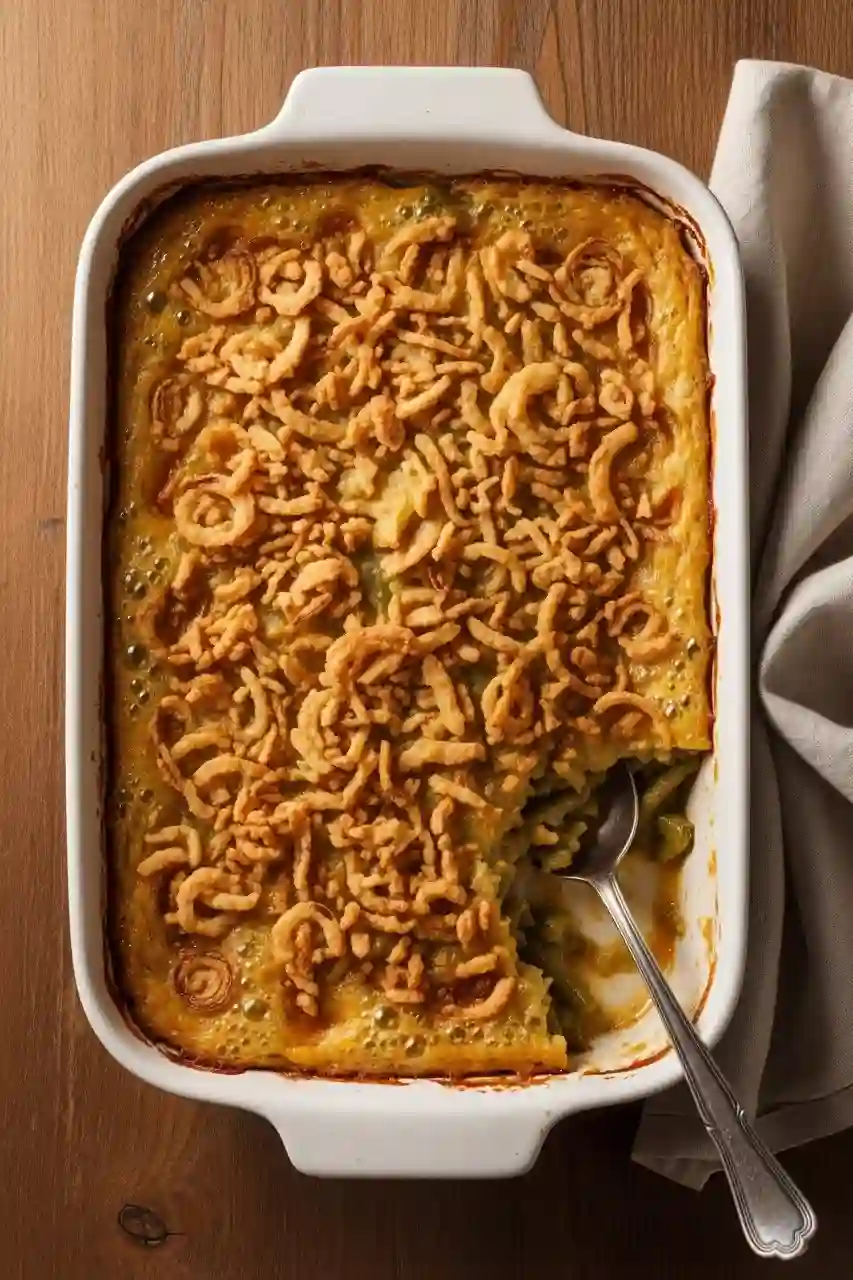 Southern Green Bean Casserole – Creamy & Comforting A golden-baked green bean casserole topped with crispy onions in a white baking dish, served on a wooden table.