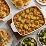 A holiday table filled with Thanksgiving stuffing, garlic rolls, roasted Brussels sprouts, and vegetable sides – Thanksgiving stuffing recipes