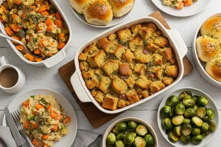 A holiday table filled with Thanksgiving stuffing, garlic rolls, roasted Brussels sprouts, and vegetable sides – Thanksgiving stuffing recipes