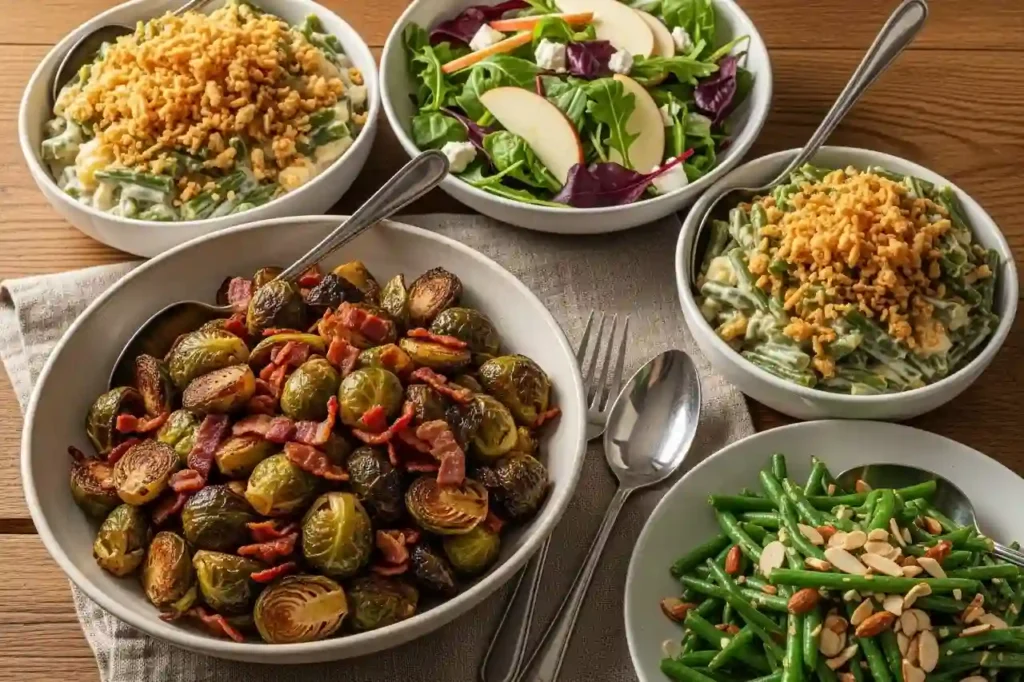 A rustic dinner table featuring colorful veggie side dishes like roasted Brussels sprouts, apple feta salad, and green beans with bacon.
