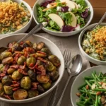 A rustic dinner table featuring colorful veggie side dishes like roasted Brussels sprouts, apple feta salad, and green beans with bacon.