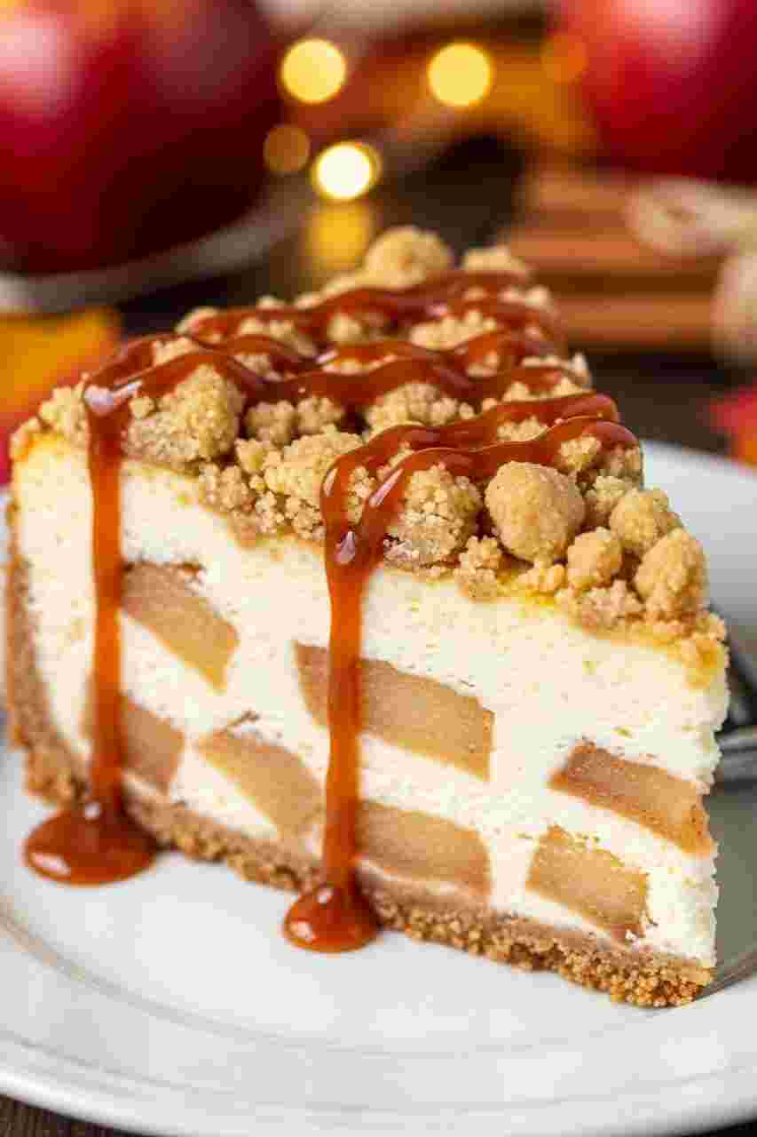 Creamy apple crumble cheesecake topped with cinnamon apples and buttery crumble, a cozy addition to Thanksgiving desserts recipes.