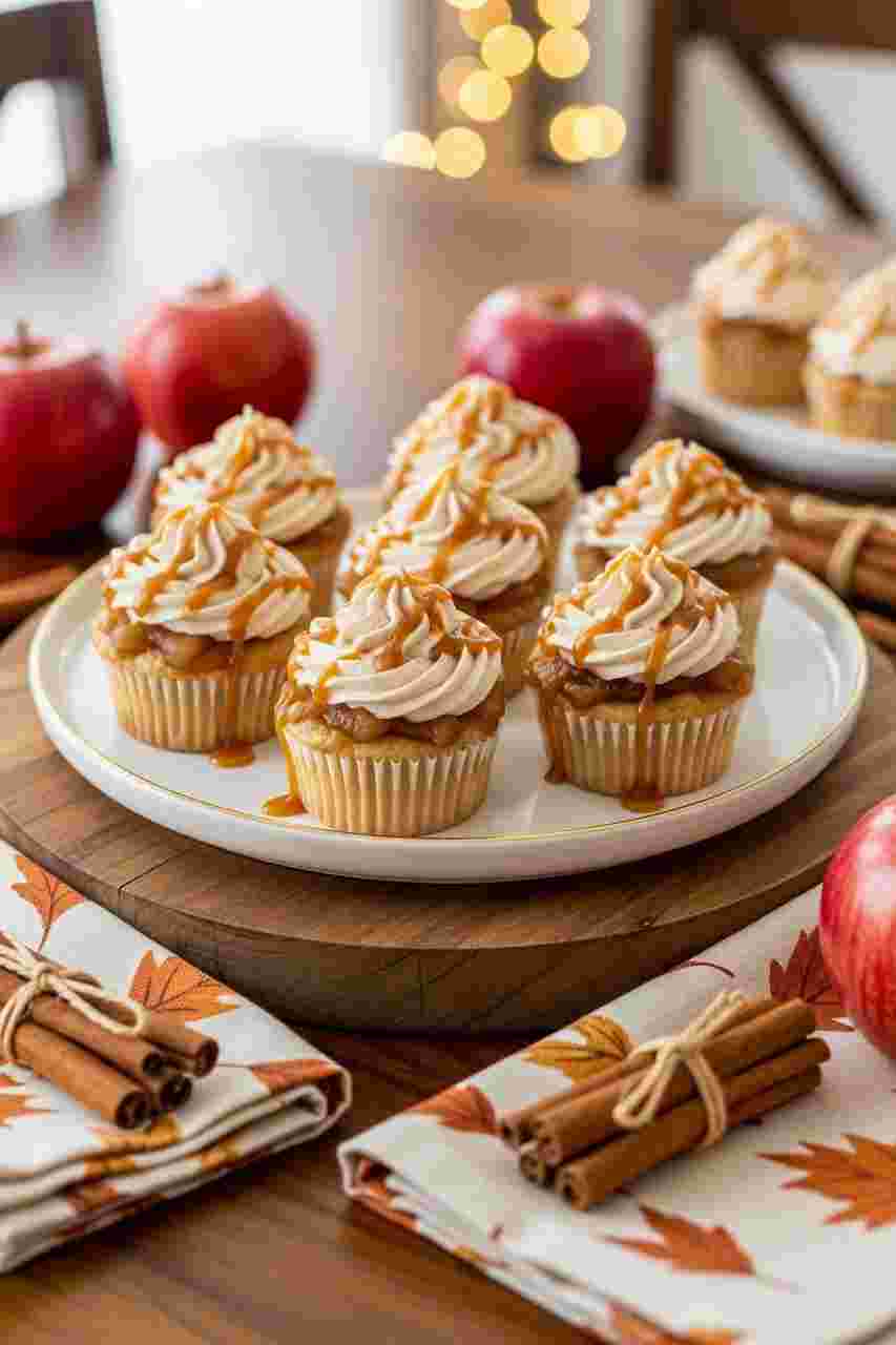 Mini apple pie cupcakes topped with cinnamon frosting and caramel drizzle, perfect for Thanksgiving desserts recipes.