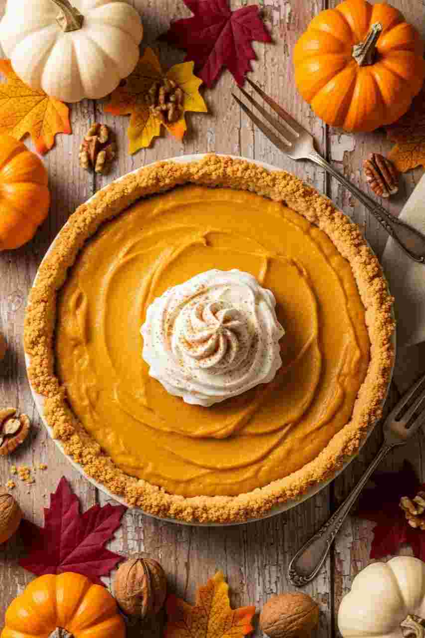 Pumpkin pie with buttery cheese cracker crust topped with whipped cream, a sweet and savory twist in Thanksgiving desserts recipes.