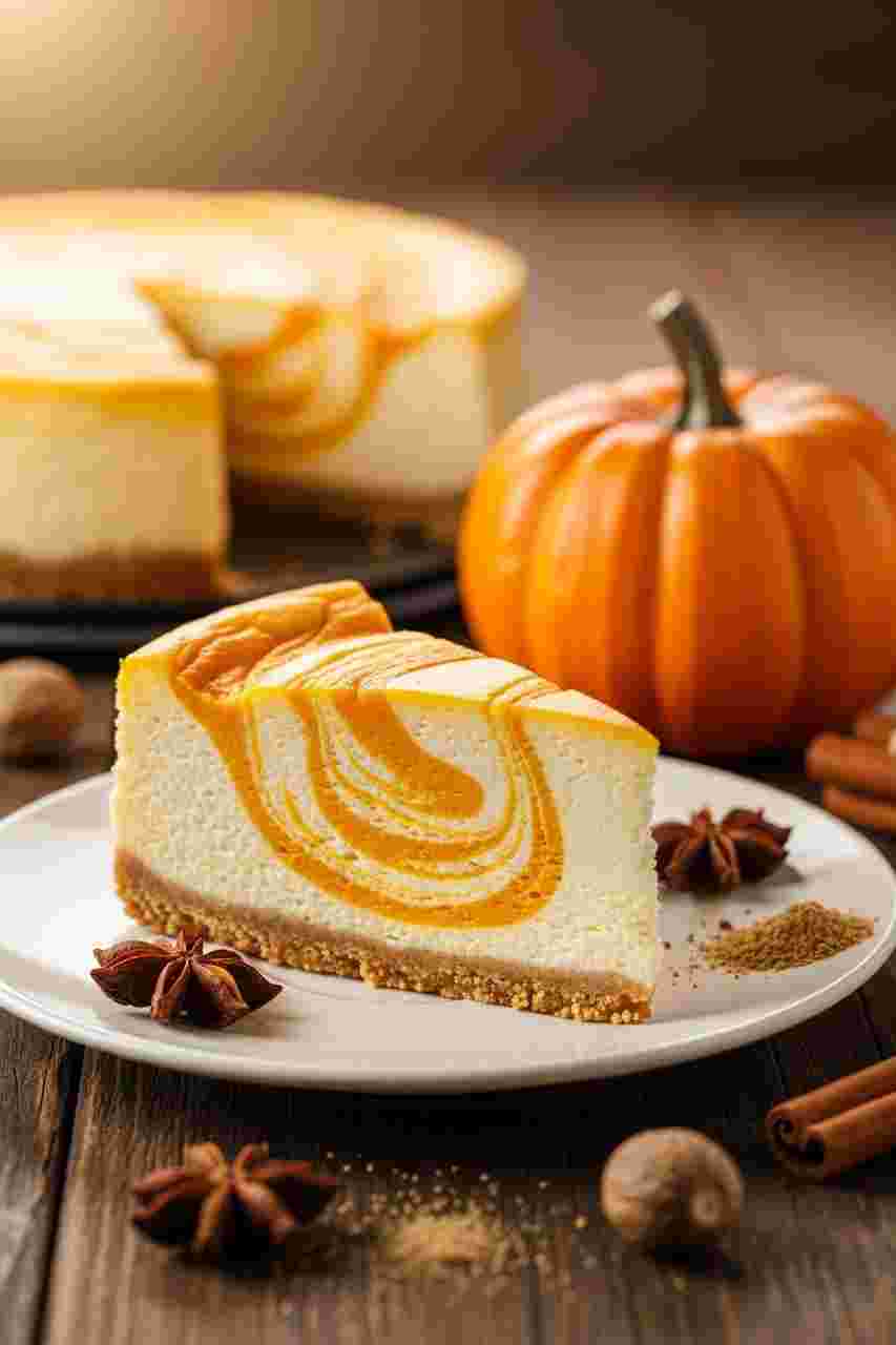 Creamy cheesecake with pumpkin swirl on a graham cracker crust, a delicious highlight in Thanksgiving desserts recipes.