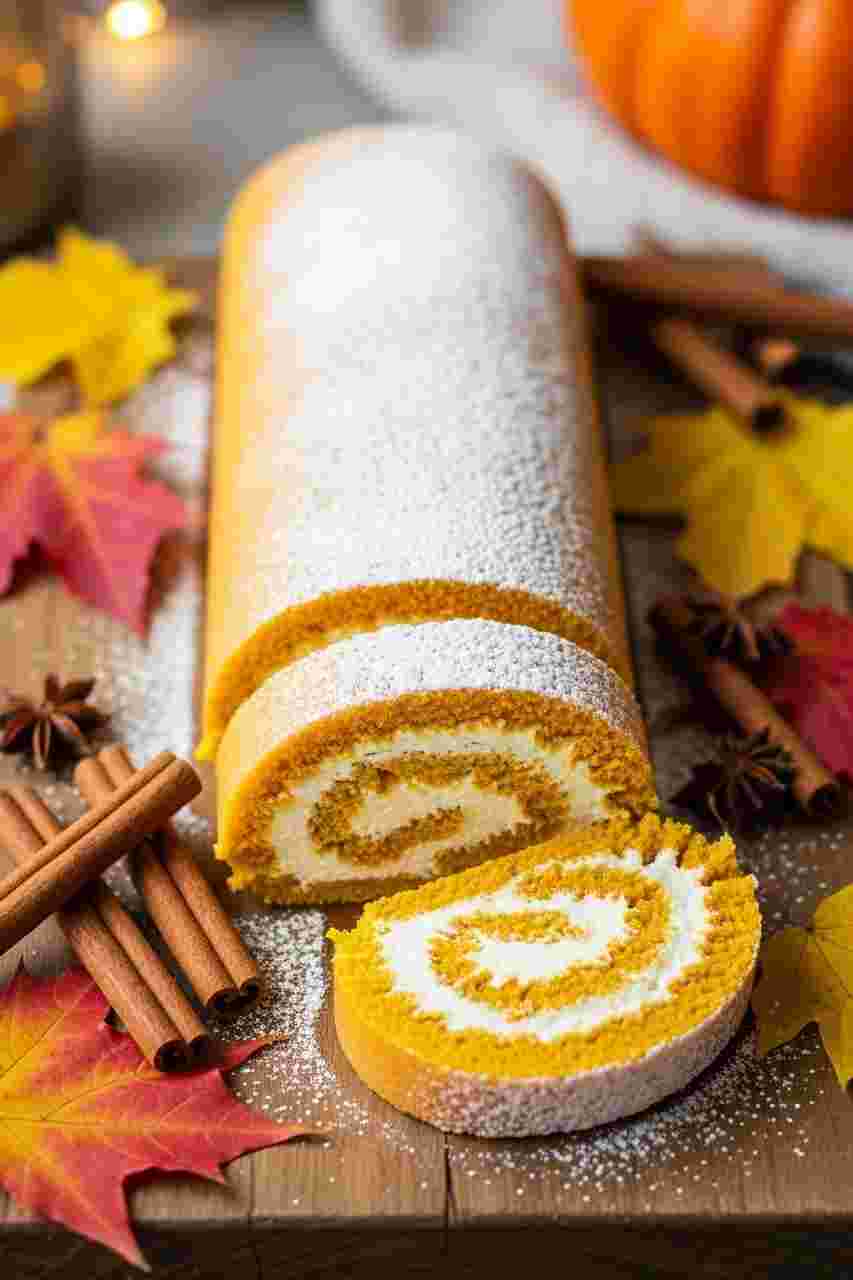 Soft pumpkin roll cake filled with sweet cream cheese frosting, dusted with powdered sugar, a holiday favorite for Thanksgiving desserts recipes.