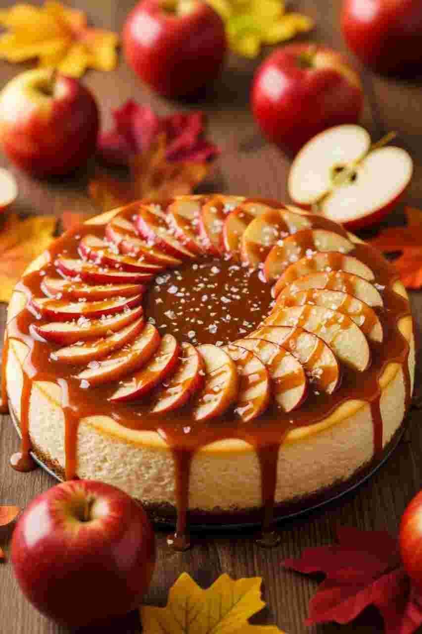 Salted caramel apple pie cheesecake with creamy layers and caramel drizzle, a decadent Thanksgiving desserts recipe.