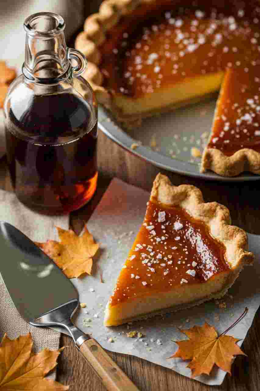Golden salted maple pie with flaky crust and glossy maple filling, a sweet-salty favorite in Thanksgiving desserts recipes.