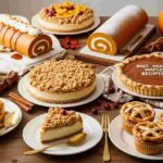 Rustic Thanksgiving dessert table with pumpkin roll, cheesecakes, pies, and tarts, styled with pumpkins and autumn decor for Thanksgiving desserts recipes.
