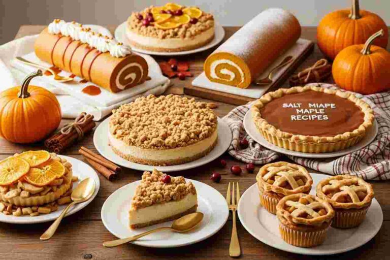 Rustic Thanksgiving dessert table with pumpkin roll, cheesecakes, pies, and tarts, styled with pumpkins and autumn decor for Thanksgiving desserts recipes.