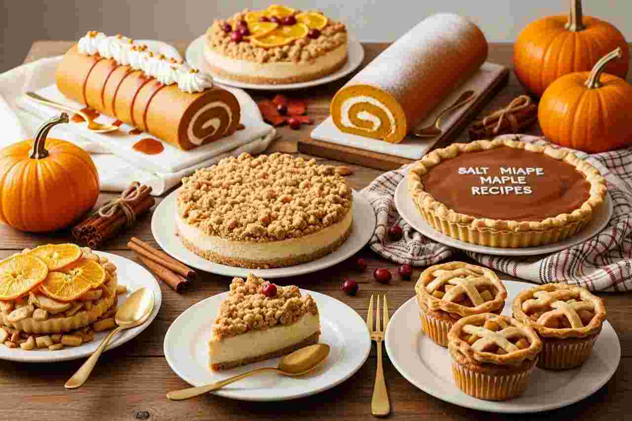 Rustic Thanksgiving dessert table with pumpkin roll, cheesecakes, pies, and tarts, styled with pumpkins and autumn decor for Thanksgiving desserts recipes.